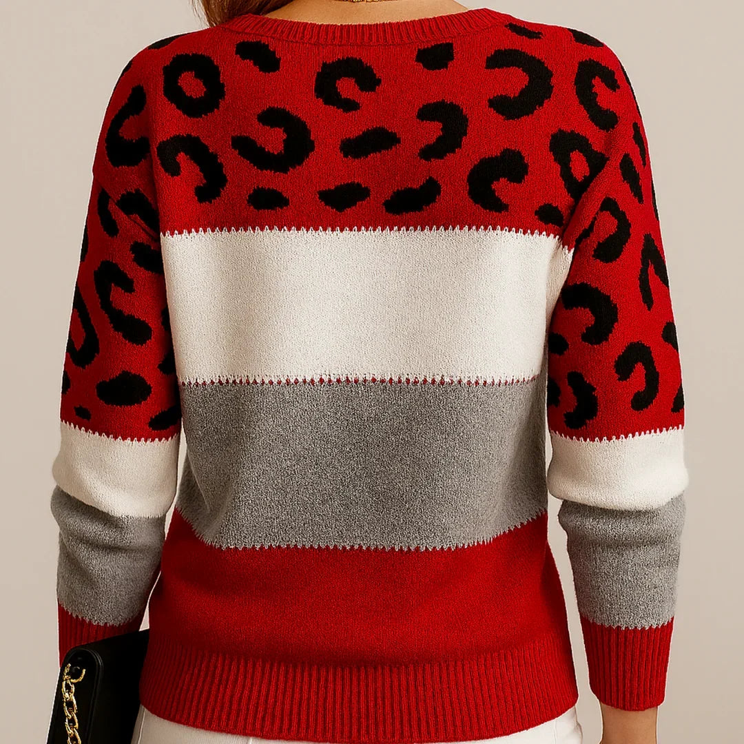 Eleganter Damenpullover im Leoparden-Design mit Farbblockakzenten - J&B - 6 - Atelier-Zofia