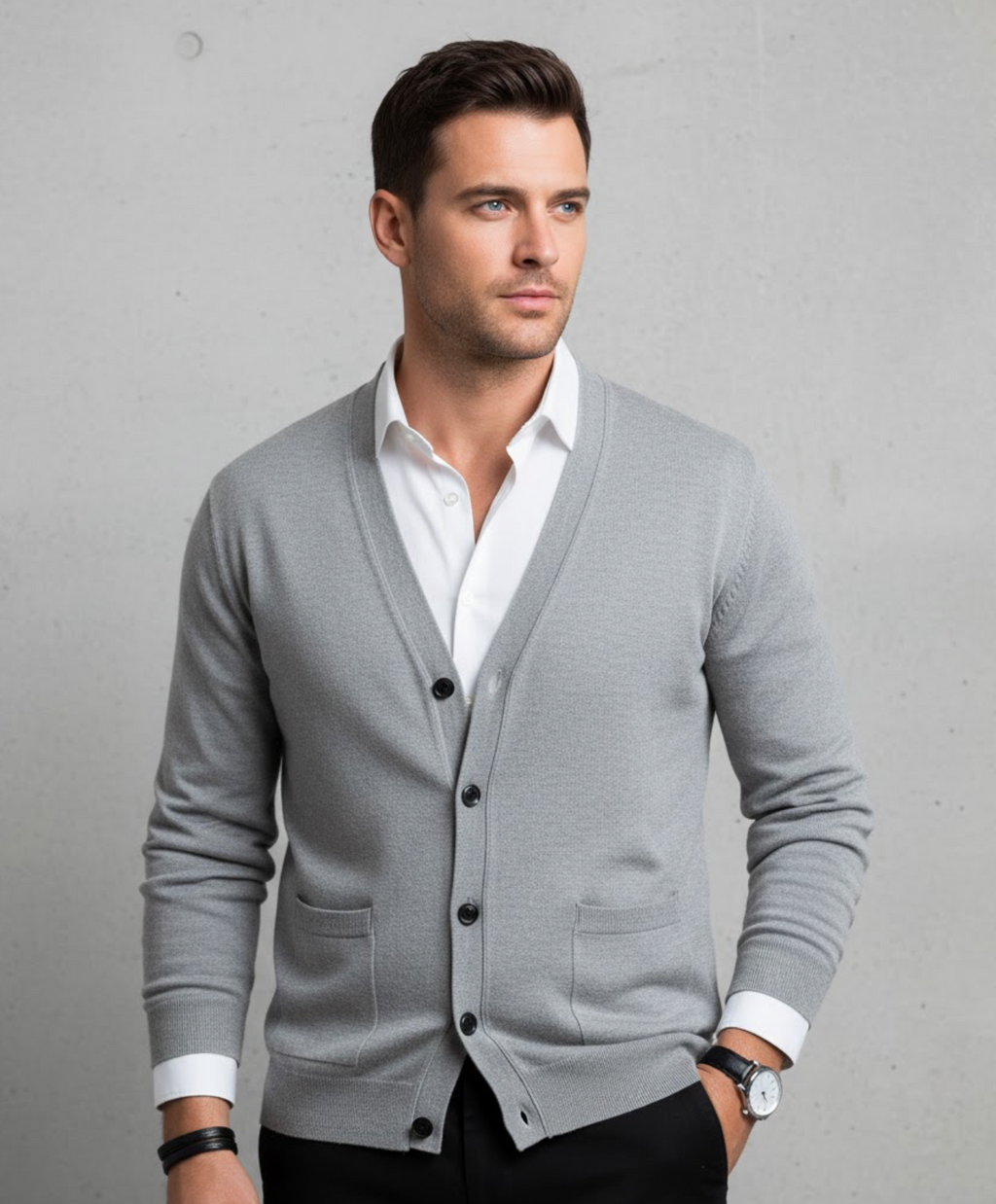 Elegante Herren-Strickjacke mit V-Ausschnitt und funktionalen Taschen - J&B - 1 - Atelier-Zofia