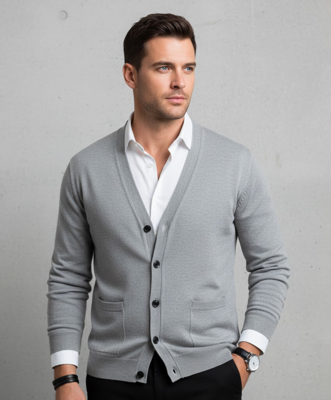 Elegante Herren-Strickjacke mit V-Ausschnitt und funktionalen Taschen - J&B - 1 - Atelier-Zofia