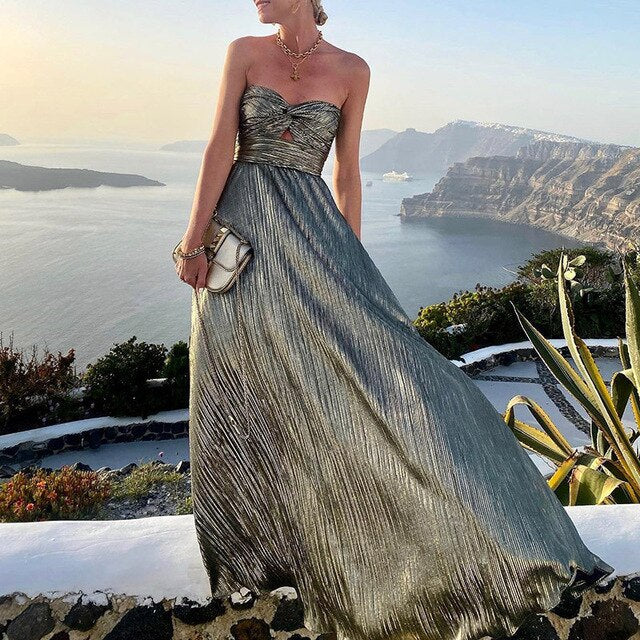 Isabella – Damen Trägerloses Plissee Maxikleid