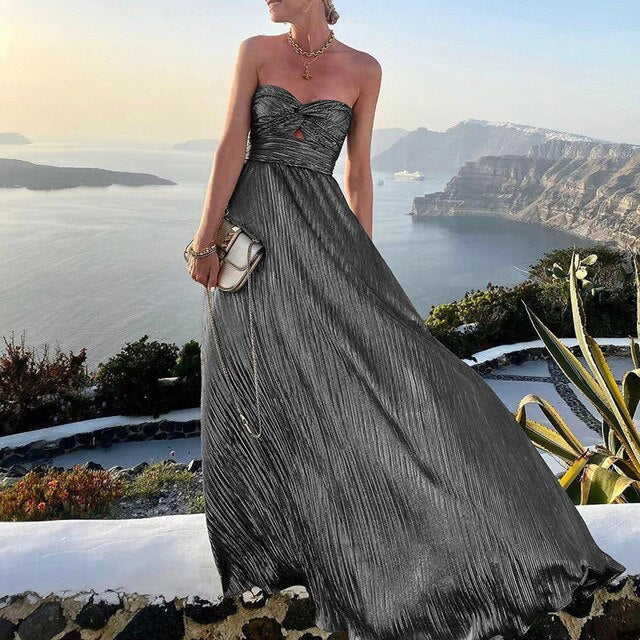 Isabella – Damen Trägerloses Plissee Maxikleid