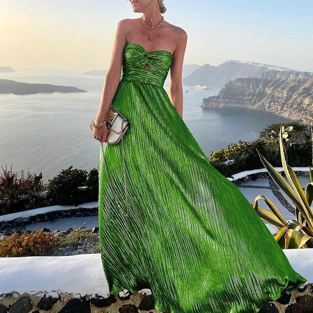 Isabella – Damen Trägerloses Plissee Maxikleid