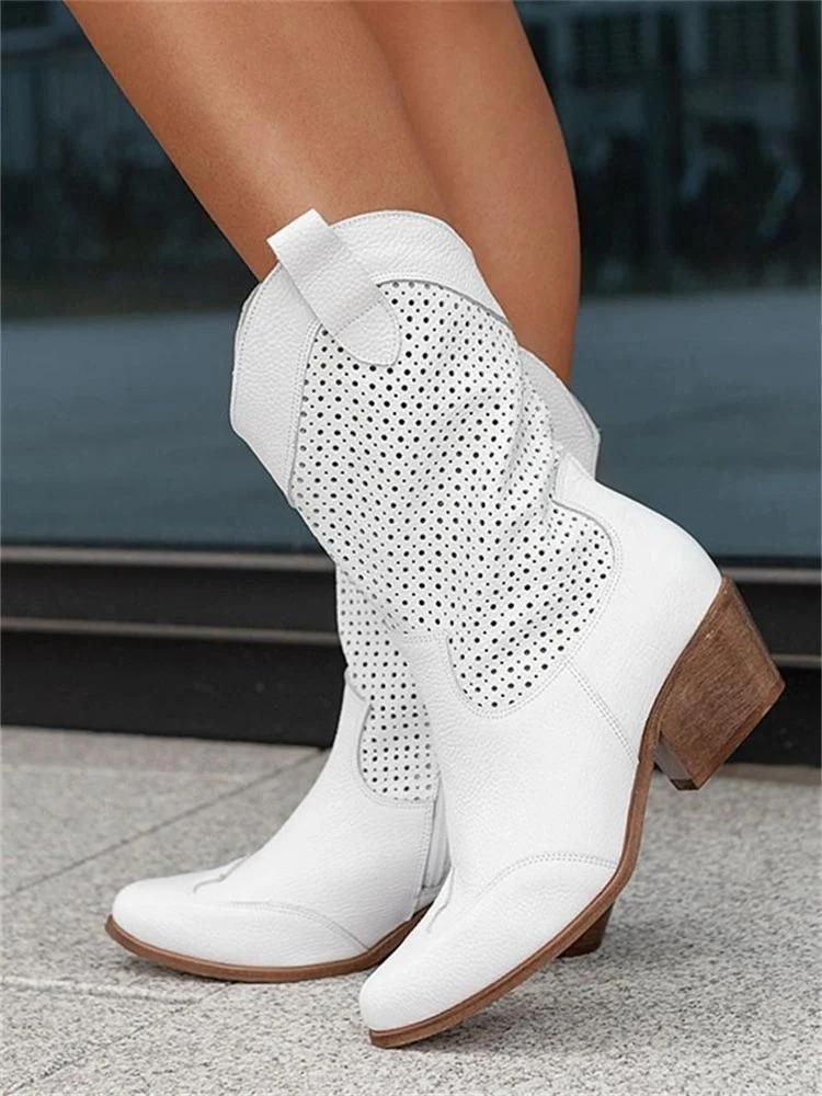 Elegante Damen-Cowboy-Stiefel mit perforiertem Design und Blockabsatz - J&B - 5 - Atelier-Zofia