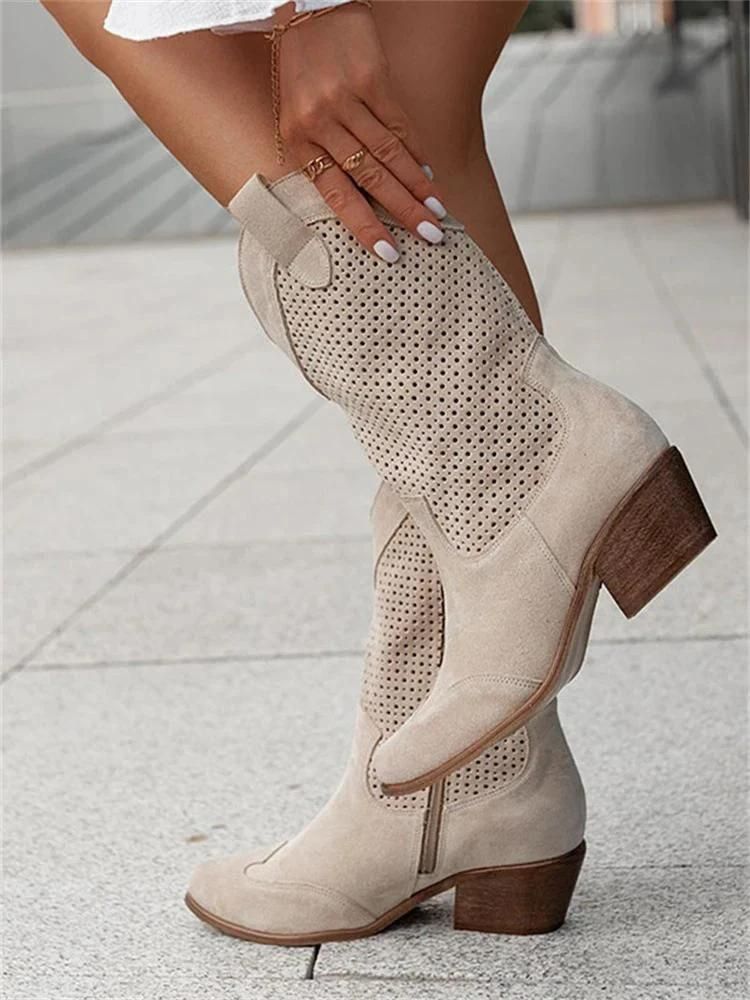 Elegante Damen-Cowboy-Stiefel mit perforiertem Design und Blockabsatz - J&B - 3 - Atelier-Zofia