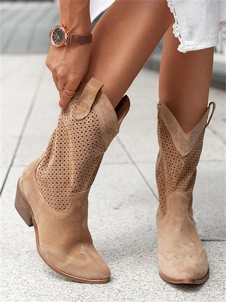 Elegante Damen-Cowboy-Stiefel mit perforiertem Design und Blockabsatz - J&B - 4 - Atelier-Zofia