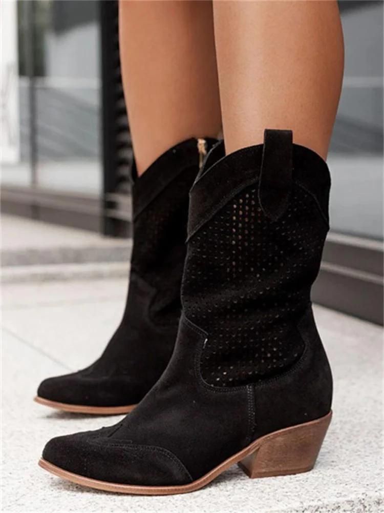 Elegante Damen-Cowboy-Stiefel mit perforiertem Design und Blockabsatz - J&B - 2 - Atelier-Zofia