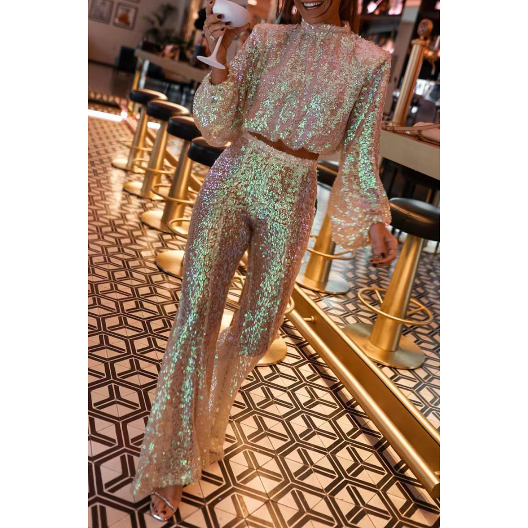 Valeria – Damen Glamouröses Zweiteiliges Set mit Langarmtop und Stoffhose