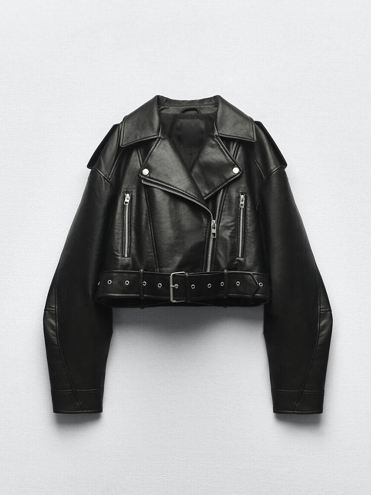 Damen Bikerjacke im kurzen Design mit Taillengürtel - J&B - 2 - Atelier-Zofia