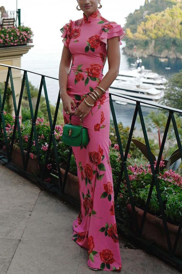 Lina – Elegant Rose Floral Print Tiered Flare Sleeve Maxi Dress for Women - Image 18
