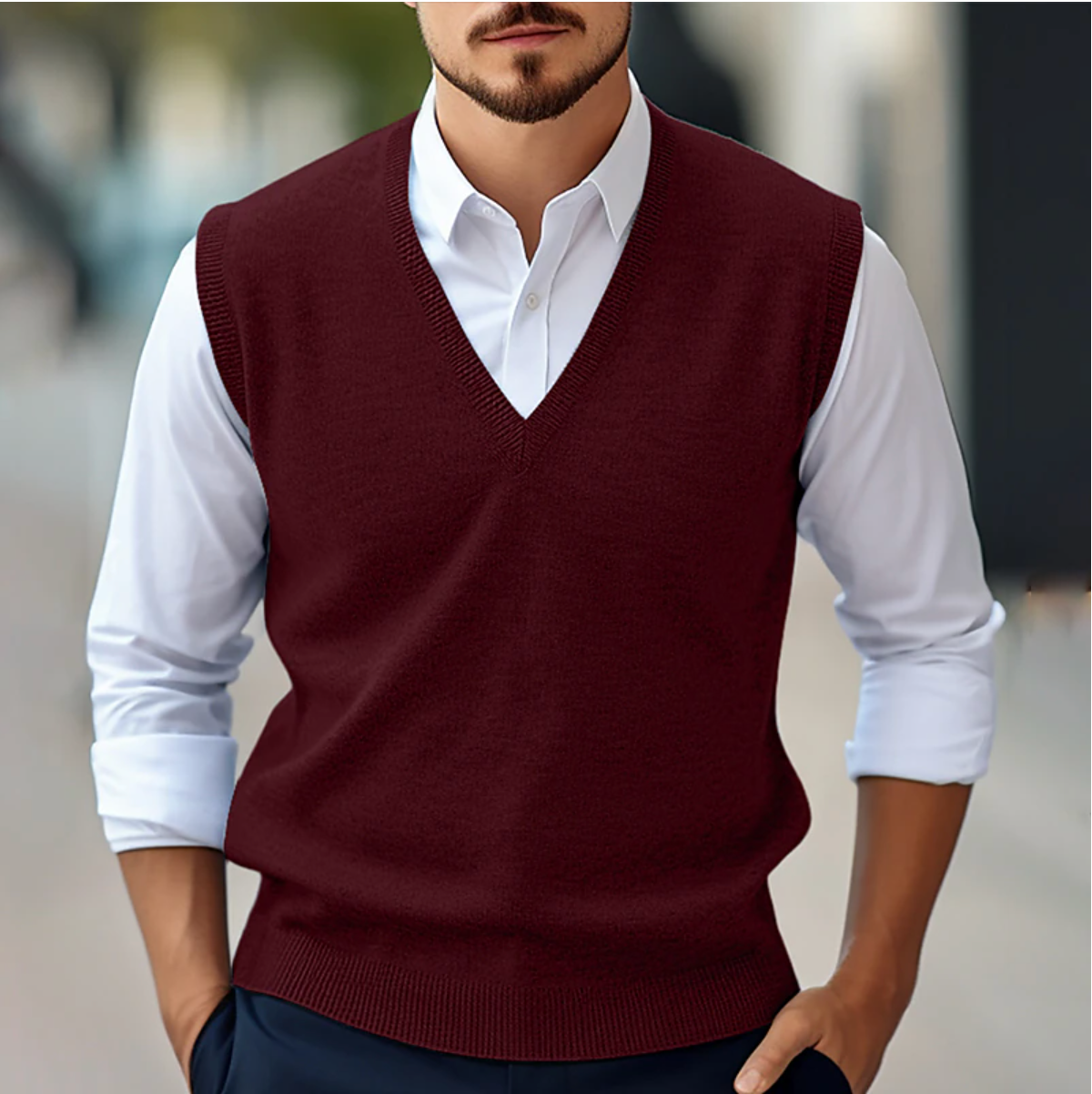 Adrian – Ponadczasowa męska kamizelka dzianinowa z dekoltem w serek - 1 - Atelier-Zofia