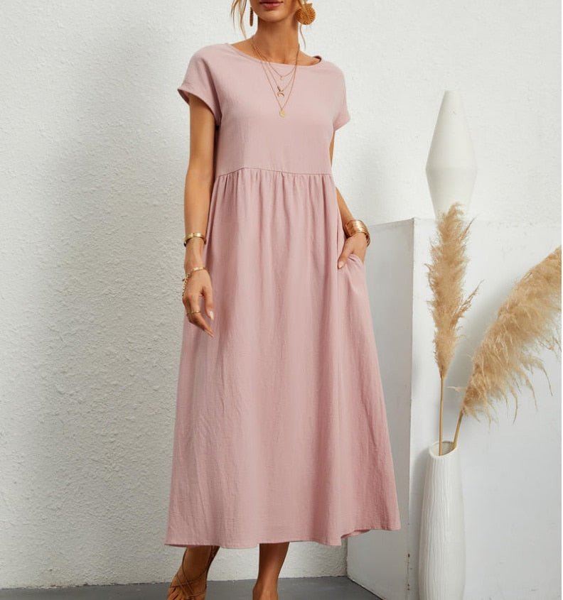 Lotta – Locker geschnittenes Damen Midi-Kleid mit Rundhalsausschnitt