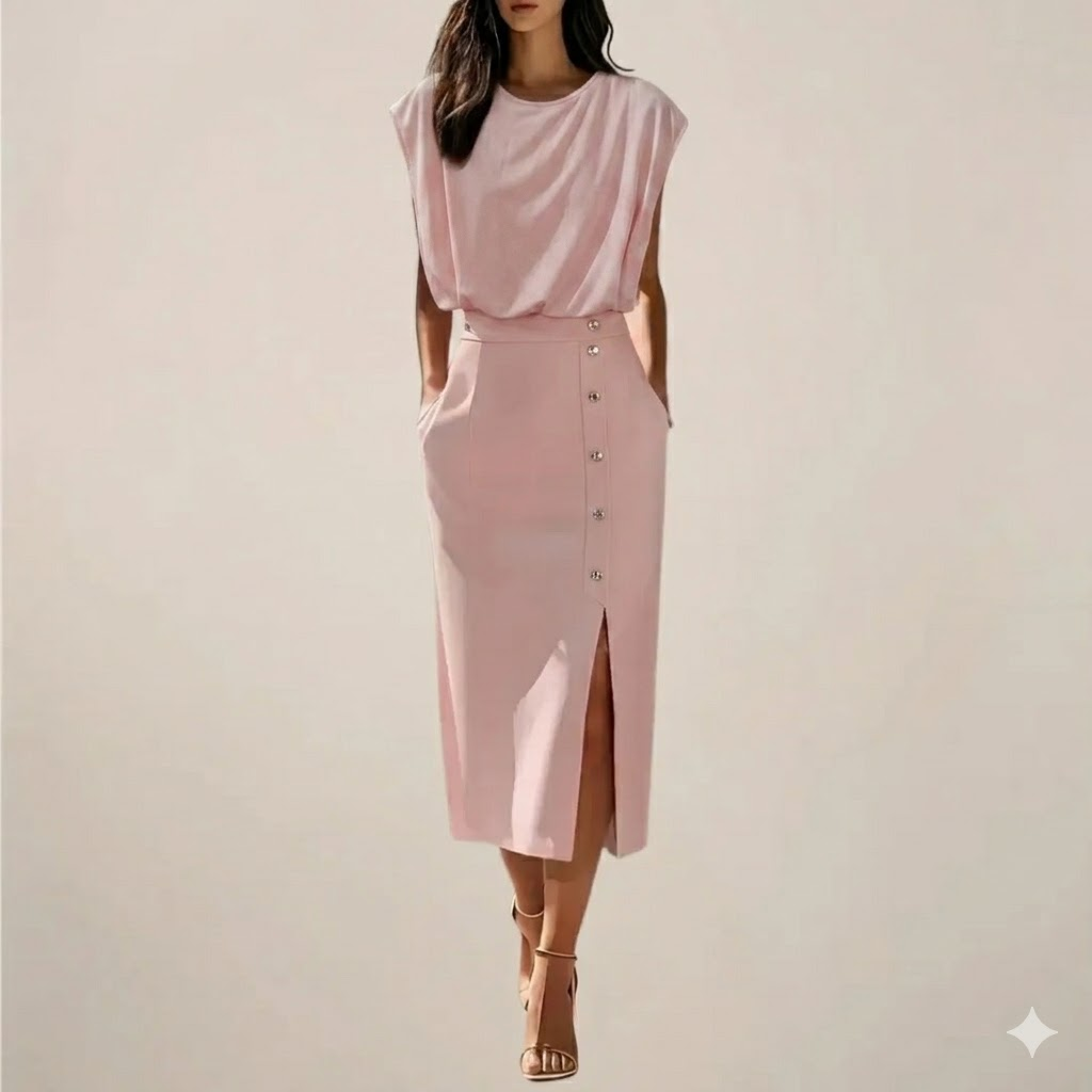 Emilia – Elegantes Midikleid mit Knopfdetail und Seitenschlitz