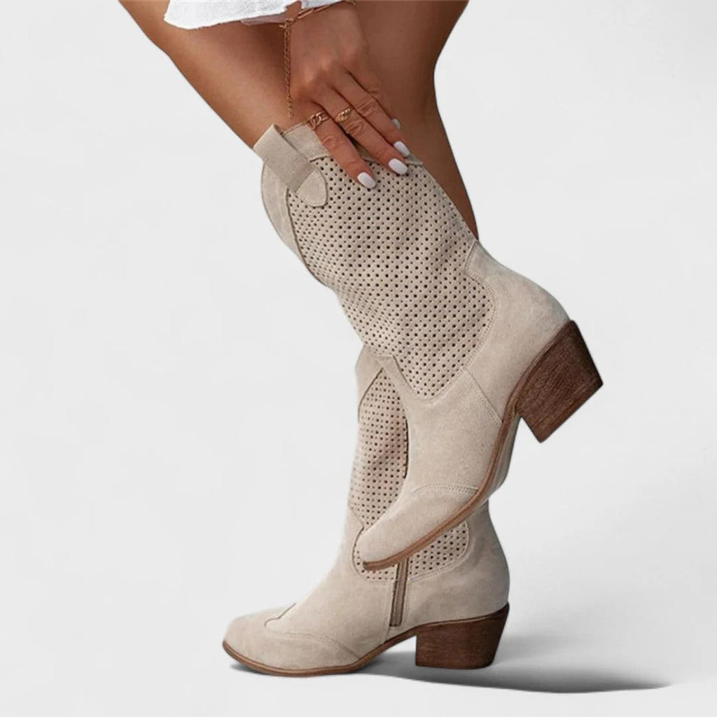 Damen Stiefel im Western-Stil mit Blockabsatz und durchbrochenem Design | A&Z - 1 - Atelier-Zofia