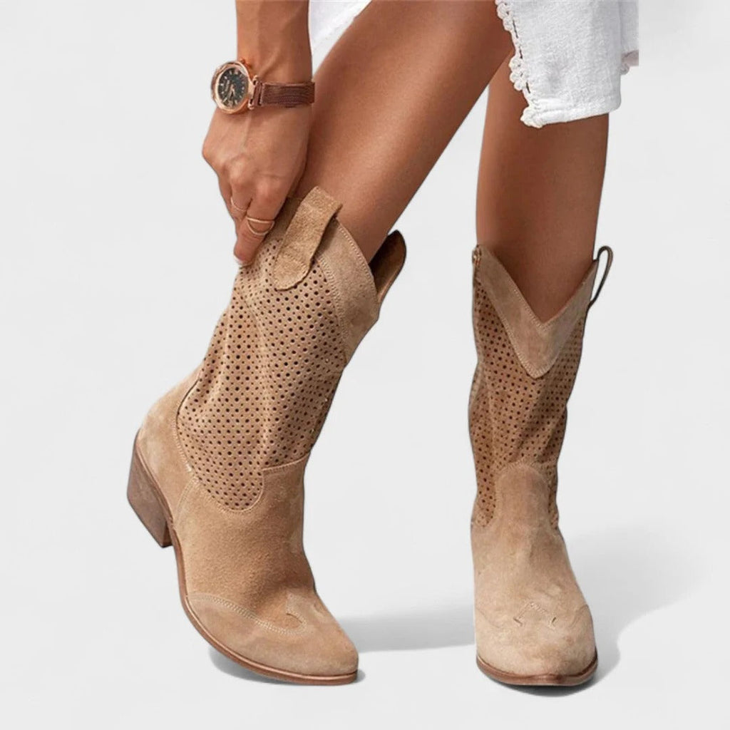 Damen Stiefel im Western-Stil mit Blockabsatz und durchbrochenem Design | A&Z - 2 - Atelier-Zofia