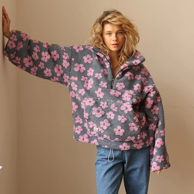 Oversized Damenjacke mit floralem Muster und kurzem Reißverschluss | A&Z - 3 - Atelier-Zofia