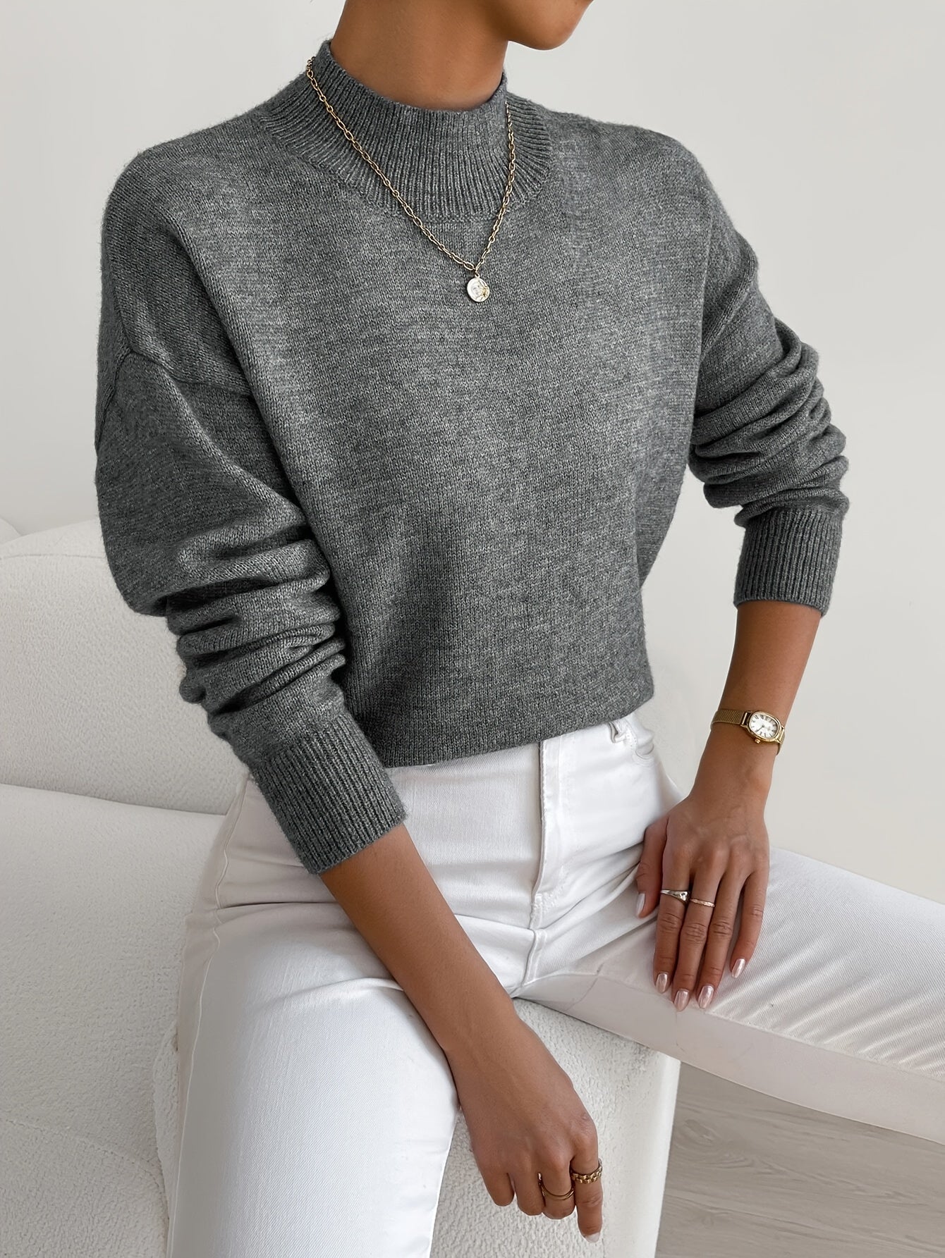 Élodie – Damen Feinstrick Pullover mit Stehkragen
