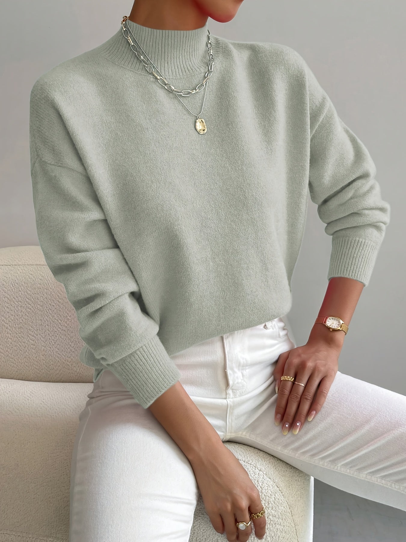 Élodie – Damen Feinstrick Pullover mit Stehkragen