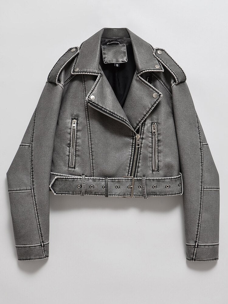 Modische Damen-Motorradjacke mit tailliertem Gürtel - 1 - Atelier-Zofia