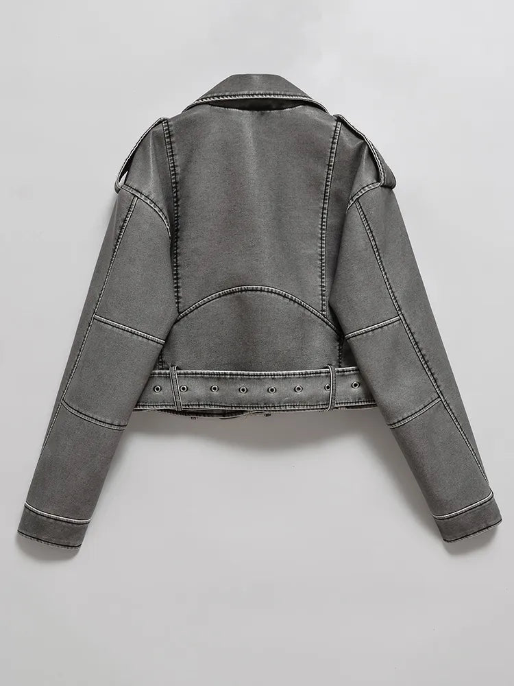 Modische Damen-Motorradjacke mit tailliertem Gürtel - 2 - Atelier-Zofia