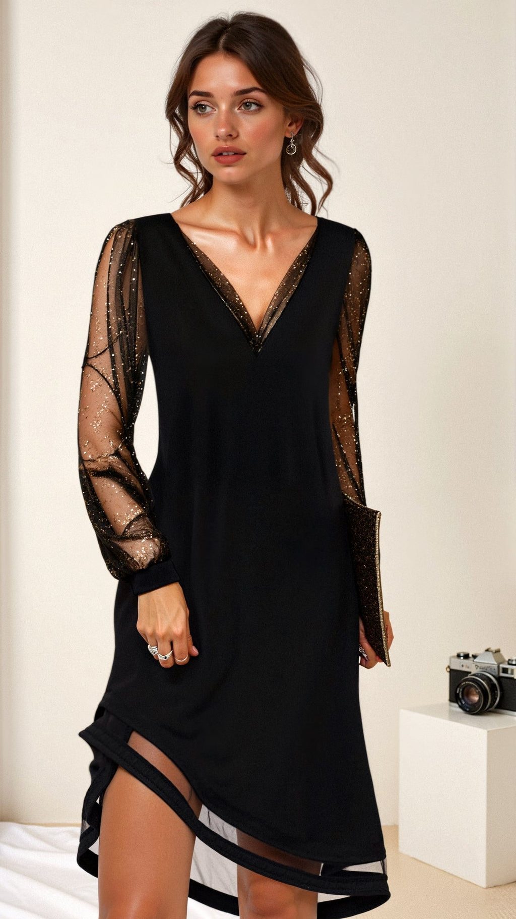 Abendkleid Damen mit Transparenten Ärmeln und V-Ausschnitt - 1 - Atelier-Zofia