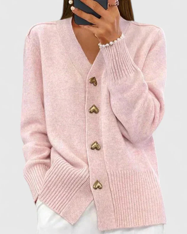 Eleganter Damen-Cardigan mit V-Ausschnitt und besonderen Knöpfen - J&B - 3 - Atelier-Zofia