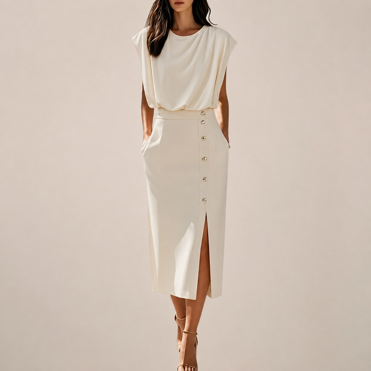 Emilia – Elegantes Midikleid mit Knopfdetail und Seitenschlitz