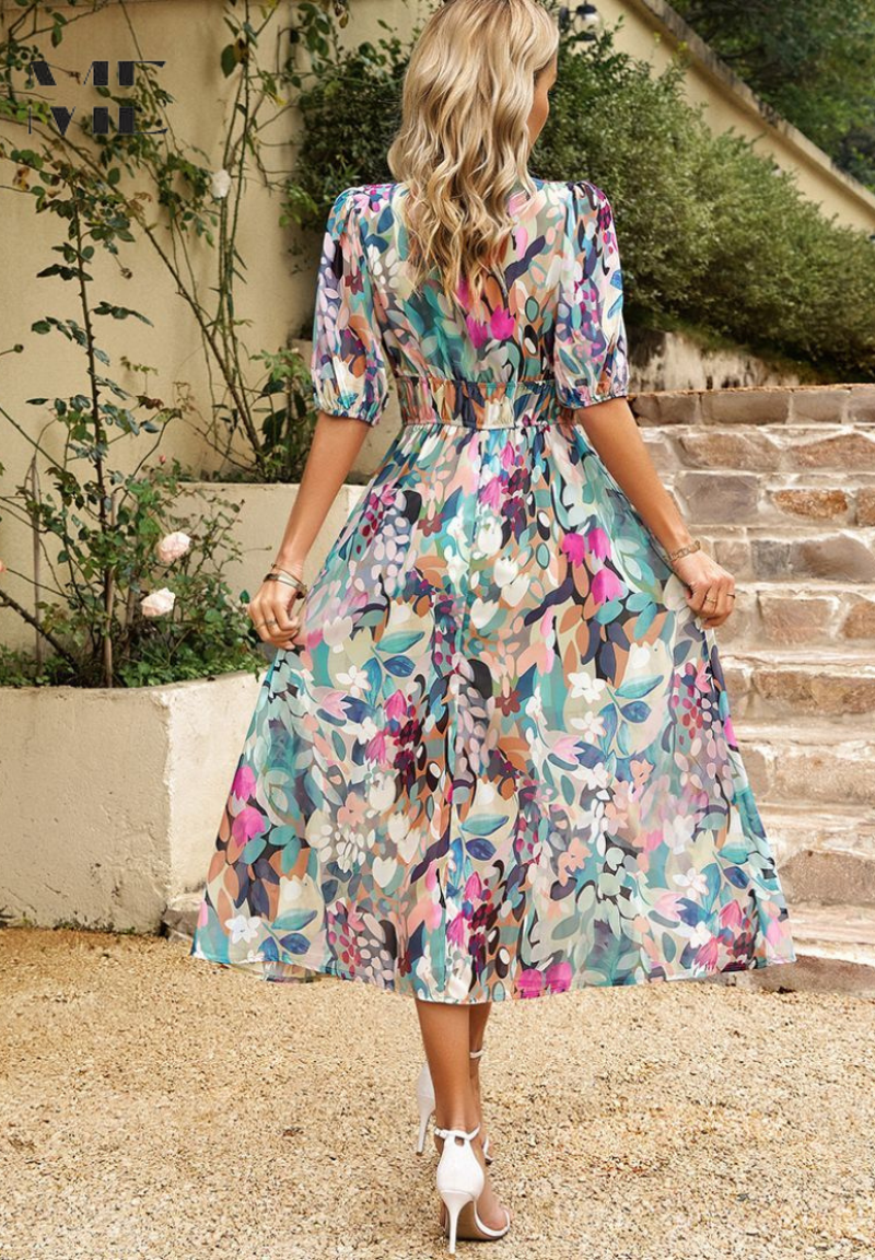 Yvonne – Women Floral V Neck Midi Dress - Image 6