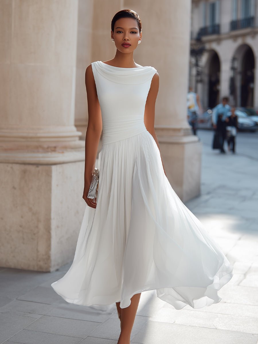 Midi Dress Women's Elegant Pleated Style with Cowl Neckline - Image 10